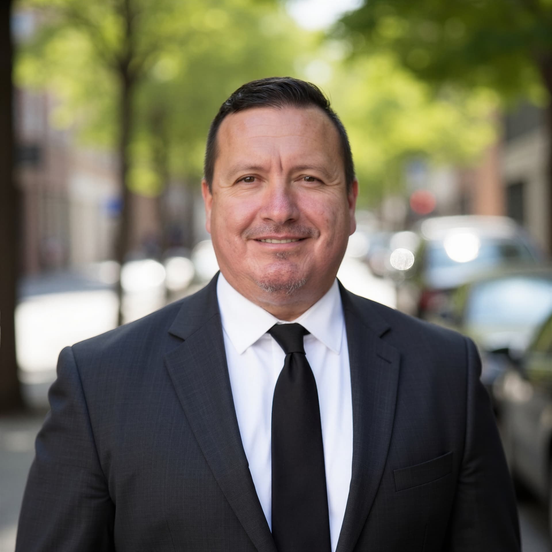 Steven Moran, licensed life insurance agent, standing on a tree-lined city street in a dark suit